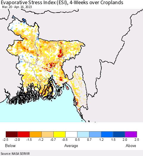 Bangladesh Evaporative Stress Index (ESI), 4-Weeks over Croplands Thematic Map For 4/10/2023 - 4/16/2023