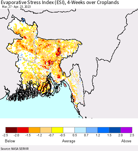 Bangladesh Evaporative Stress Index (ESI), 4-Weeks over Croplands Thematic Map For 4/17/2023 - 4/23/2023
