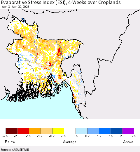 Bangladesh Evaporative Stress Index (ESI), 4-Weeks over Croplands Thematic Map For 4/24/2023 - 4/30/2023