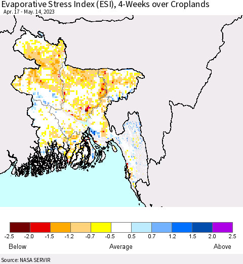 Bangladesh Evaporative Stress Index (ESI), 4-Weeks over Croplands Thematic Map For 5/8/2023 - 5/14/2023