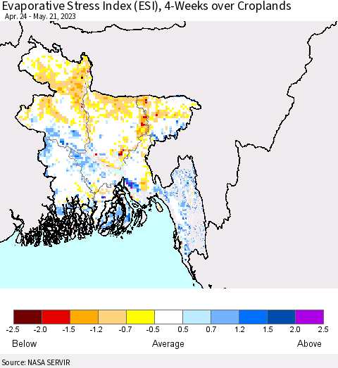 Bangladesh Evaporative Stress Index (ESI), 4-Weeks over Croplands Thematic Map For 5/15/2023 - 5/21/2023