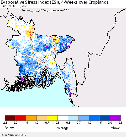 Bangladesh Evaporative Stress Index (ESI), 4-Weeks over Croplands Thematic Map For 7/10/2023 - 7/16/2023