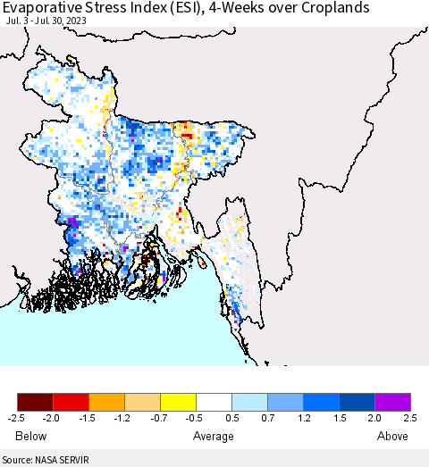 Bangladesh Evaporative Stress Index (ESI), 4-Weeks over Croplands Thematic Map For 7/24/2023 - 7/30/2023