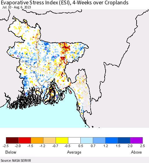 Bangladesh Evaporative Stress Index (ESI), 4-Weeks over Croplands Thematic Map For 7/31/2023 - 8/6/2023