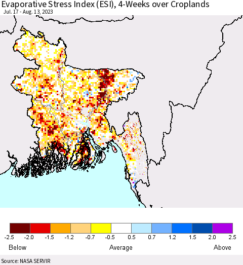 Bangladesh Evaporative Stress Index (ESI), 4-Weeks over Croplands Thematic Map For 8/7/2023 - 8/13/2023