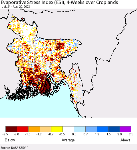 Bangladesh Evaporative Stress Index (ESI), 4-Weeks over Croplands Thematic Map For 8/14/2023 - 8/20/2023