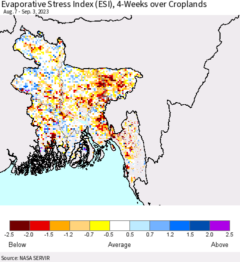 Bangladesh Evaporative Stress Index (ESI), 4-Weeks over Croplands Thematic Map For 8/28/2023 - 9/3/2023