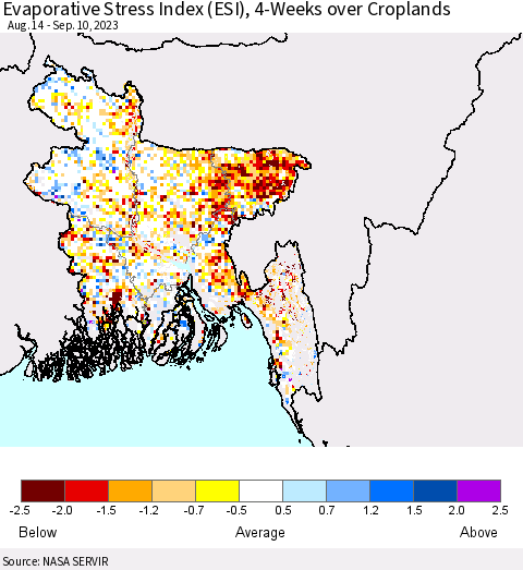 Bangladesh Evaporative Stress Index (ESI), 4-Weeks over Croplands Thematic Map For 9/4/2023 - 9/10/2023