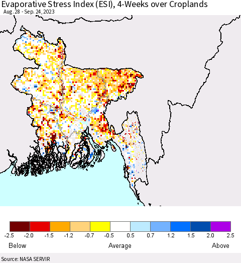 Bangladesh Evaporative Stress Index (ESI), 4-Weeks over Croplands Thematic Map For 9/18/2023 - 9/24/2023