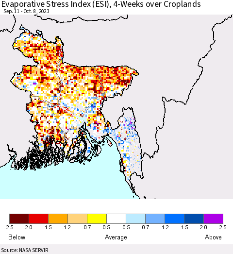 Bangladesh Evaporative Stress Index (ESI), 4-Weeks over Croplands Thematic Map For 10/2/2023 - 10/8/2023