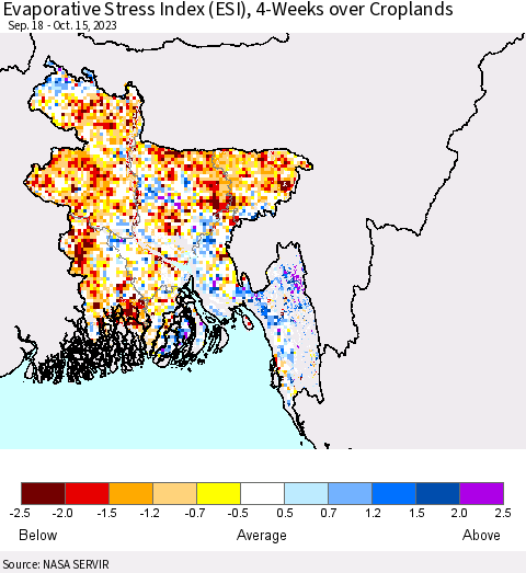 Bangladesh Evaporative Stress Index (ESI), 4-Weeks over Croplands Thematic Map For 10/9/2023 - 10/15/2023