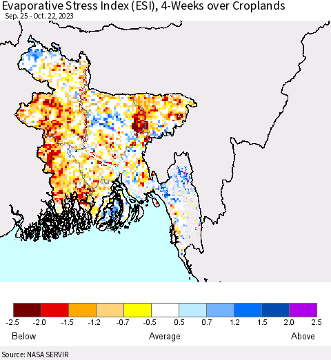 Bangladesh Evaporative Stress Index (ESI), 4-Weeks over Croplands Thematic Map For 10/16/2023 - 10/22/2023