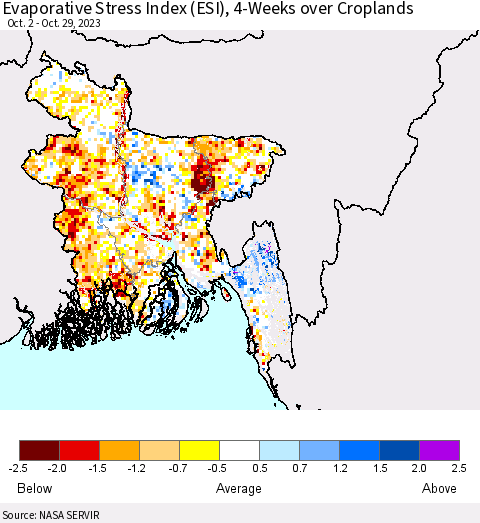 Bangladesh Evaporative Stress Index (ESI), 4-Weeks over Croplands Thematic Map For 10/23/2023 - 10/29/2023