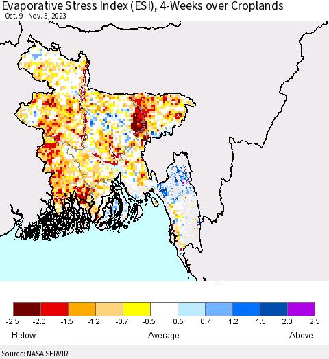 Bangladesh Evaporative Stress Index (ESI), 4-Weeks over Croplands Thematic Map For 10/30/2023 - 11/5/2023