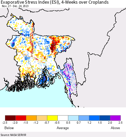 Bangladesh Evaporative Stress Index (ESI), 4-Weeks over Croplands Thematic Map For 12/18/2023 - 12/24/2023