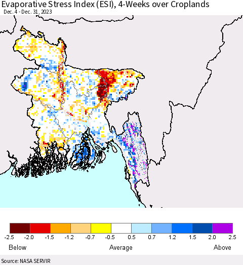 Bangladesh Evaporative Stress Index (ESI), 4-Weeks over Croplands Thematic Map For 12/25/2023 - 12/31/2023