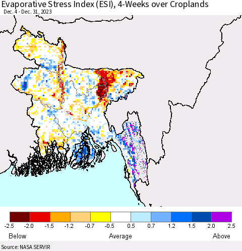 Bangladesh Evaporative Stress Index (ESI), 4-Weeks over Croplands Thematic Map For 1/1/2024 - 1/7/2024