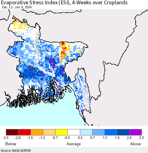 Bangladesh Evaporative Stress Index (ESI), 4-Weeks over Croplands Thematic Map For 1/8/2024 - 1/14/2024