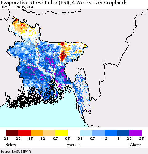 Bangladesh Evaporative Stress Index (ESI), 4-Weeks over Croplands Thematic Map For 1/15/2024 - 1/21/2024