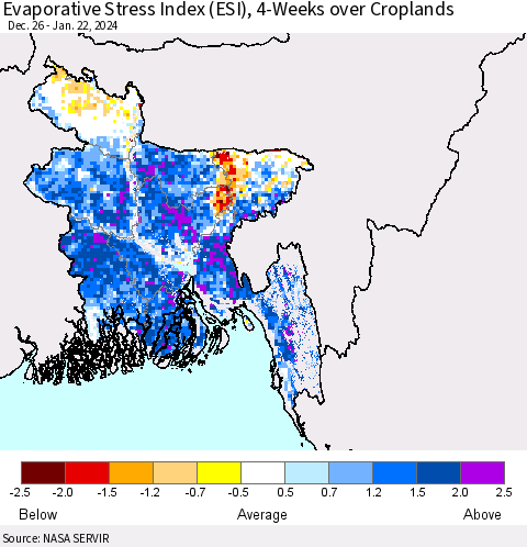 Bangladesh Evaporative Stress Index (ESI), 4-Weeks over Croplands Thematic Map For 1/22/2024 - 1/28/2024