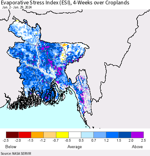 Bangladesh Evaporative Stress Index (ESI), 4-Weeks over Croplands Thematic Map For 1/29/2024 - 2/4/2024