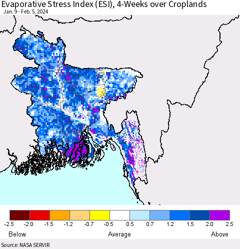Bangladesh Evaporative Stress Index (ESI), 4-Weeks over Croplands Thematic Map For 2/5/2024 - 2/11/2024