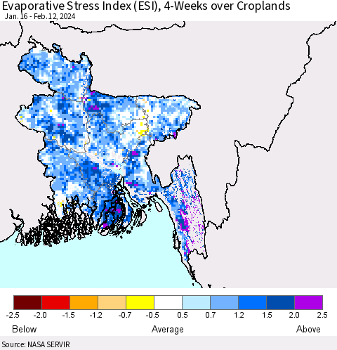 Bangladesh Evaporative Stress Index (ESI), 4-Weeks over Croplands Thematic Map For 2/12/2024 - 2/18/2024
