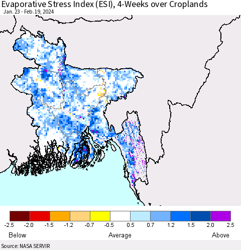 Bangladesh Evaporative Stress Index (ESI), 4-Weeks over Croplands Thematic Map For 2/19/2024 - 2/25/2024