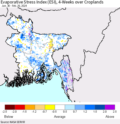 Bangladesh Evaporative Stress Index (ESI), 4-Weeks over Croplands Thematic Map For 2/26/2024 - 3/3/2024