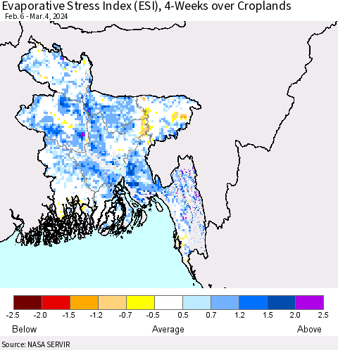 Bangladesh Evaporative Stress Index (ESI), 4-Weeks over Croplands Thematic Map For 3/4/2024 - 3/10/2024