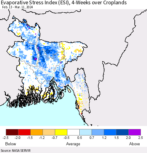 Bangladesh Evaporative Stress Index (ESI), 4-Weeks over Croplands Thematic Map For 3/11/2024 - 3/17/2024
