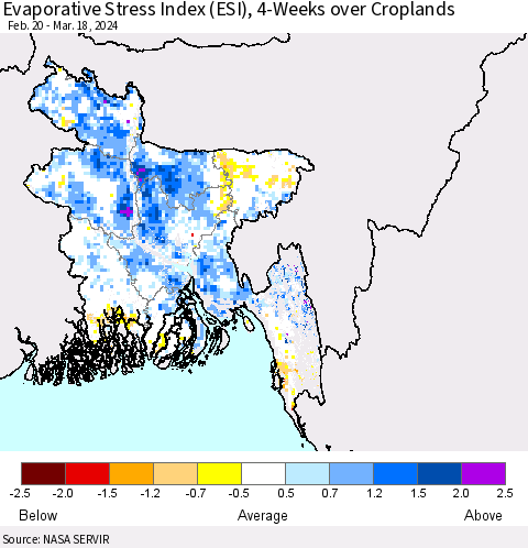 Bangladesh Evaporative Stress Index (ESI), 4-Weeks over Croplands Thematic Map For 3/18/2024 - 3/24/2024