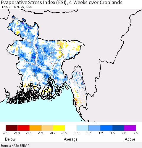 Bangladesh Evaporative Stress Index (ESI), 4-Weeks over Croplands Thematic Map For 3/25/2024 - 3/31/2024
