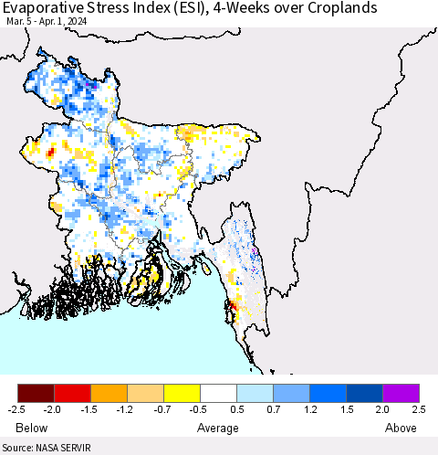 Bangladesh Evaporative Stress Index (ESI), 4-Weeks over Croplands Thematic Map For 4/1/2024 - 4/7/2024