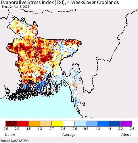 Bangladesh Evaporative Stress Index (ESI), 4-Weeks over Croplands Thematic Map For 4/8/2024 - 4/14/2024
