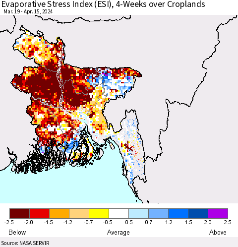 Bangladesh Evaporative Stress Index (ESI), 4-Weeks over Croplands Thematic Map For 4/15/2024 - 4/21/2024