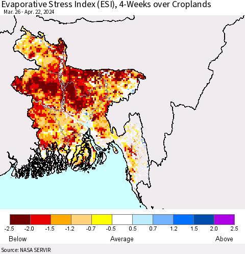 Bangladesh Evaporative Stress Index (ESI), 4-Weeks over Croplands Thematic Map For 4/22/2024 - 4/28/2024