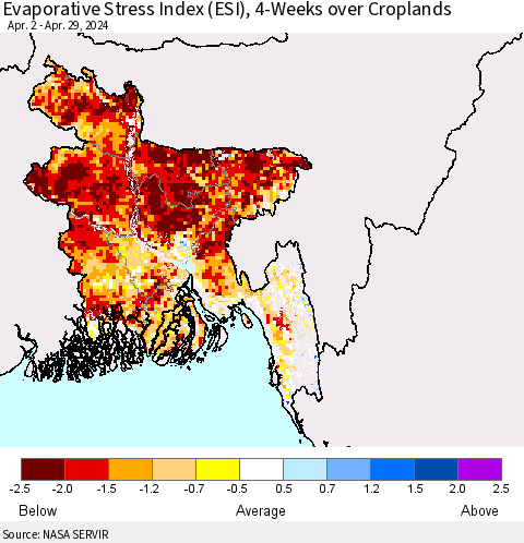 Bangladesh Evaporative Stress Index (ESI), 4-Weeks over Croplands Thematic Map For 4/29/2024 - 5/5/2024