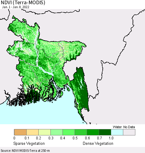 Bangladesh NDVI (Terra-MODIS) Thematic Map For 1/1/2022 - 1/8/2022