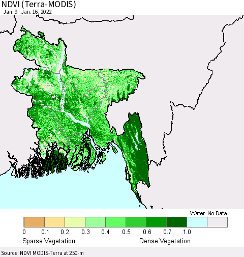 Bangladesh NDVI (Terra-MODIS) Thematic Map For 1/9/2022 - 1/16/2022
