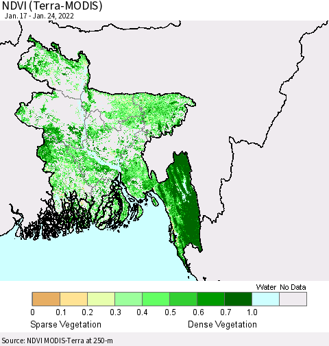 Bangladesh NDVI (Terra-MODIS) Thematic Map For 1/17/2022 - 1/24/2022
