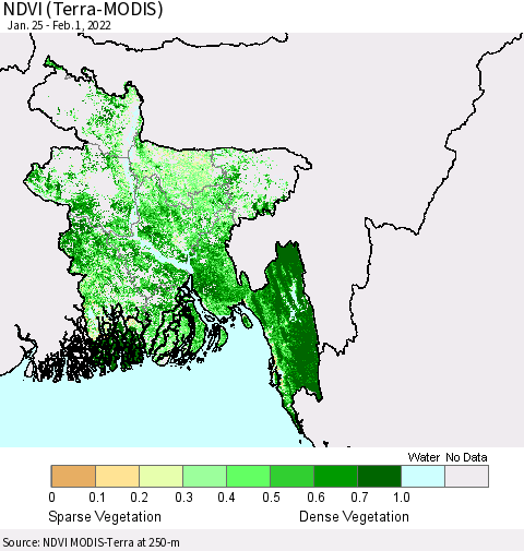 Bangladesh NDVI (Terra-MODIS) Thematic Map For 1/25/2022 - 2/1/2022