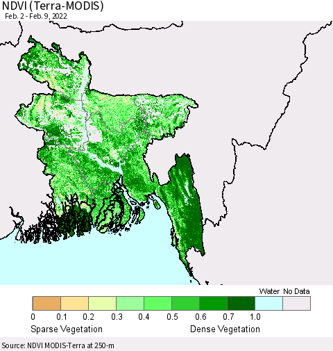 Bangladesh NDVI (Terra-MODIS) Thematic Map For 2/2/2022 - 2/9/2022
