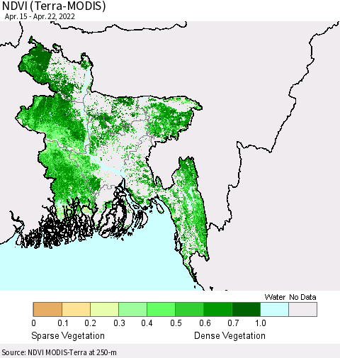 Bangladesh NDVI (Terra-MODIS) Thematic Map For 4/15/2022 - 4/22/2022
