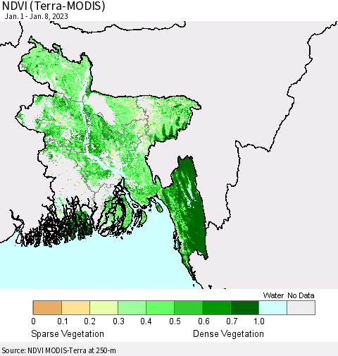 Bangladesh NDVI (Terra-MODIS) Thematic Map For 1/1/2023 - 1/8/2023