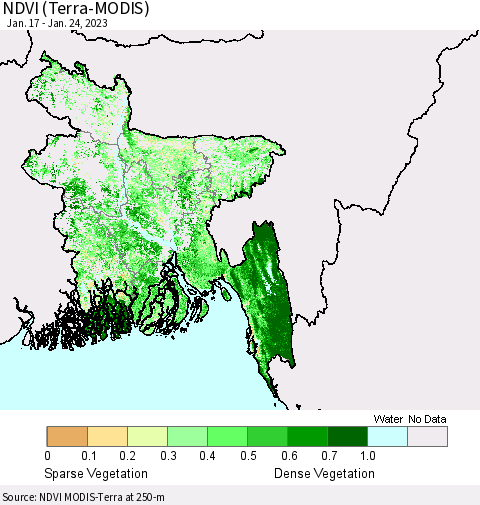 Bangladesh NDVI (Terra-MODIS) Thematic Map For 1/17/2023 - 1/24/2023