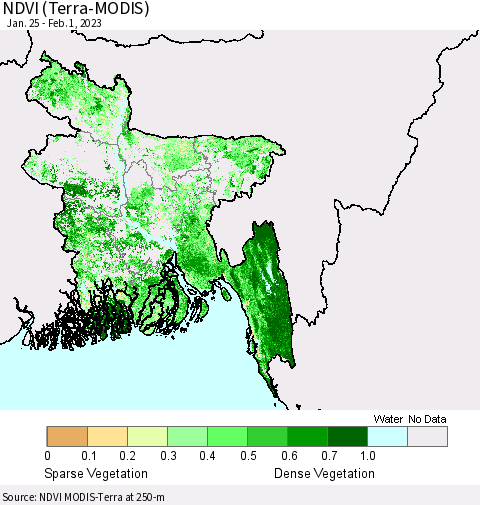 Bangladesh NDVI (Terra-MODIS) Thematic Map For 1/25/2023 - 2/1/2023