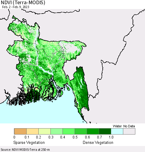 Bangladesh NDVI (Terra-MODIS) Thematic Map For 2/2/2023 - 2/9/2023
