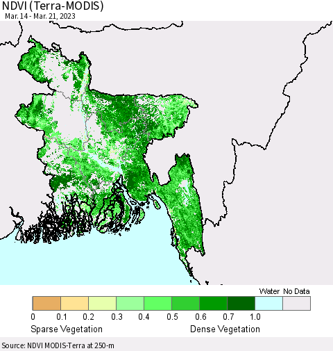 Bangladesh NDVI (Terra-MODIS) Thematic Map For 3/14/2023 - 3/21/2023