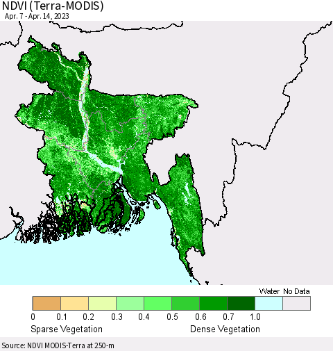 Bangladesh NDVI (Terra-MODIS) Thematic Map For 4/7/2023 - 4/14/2023
